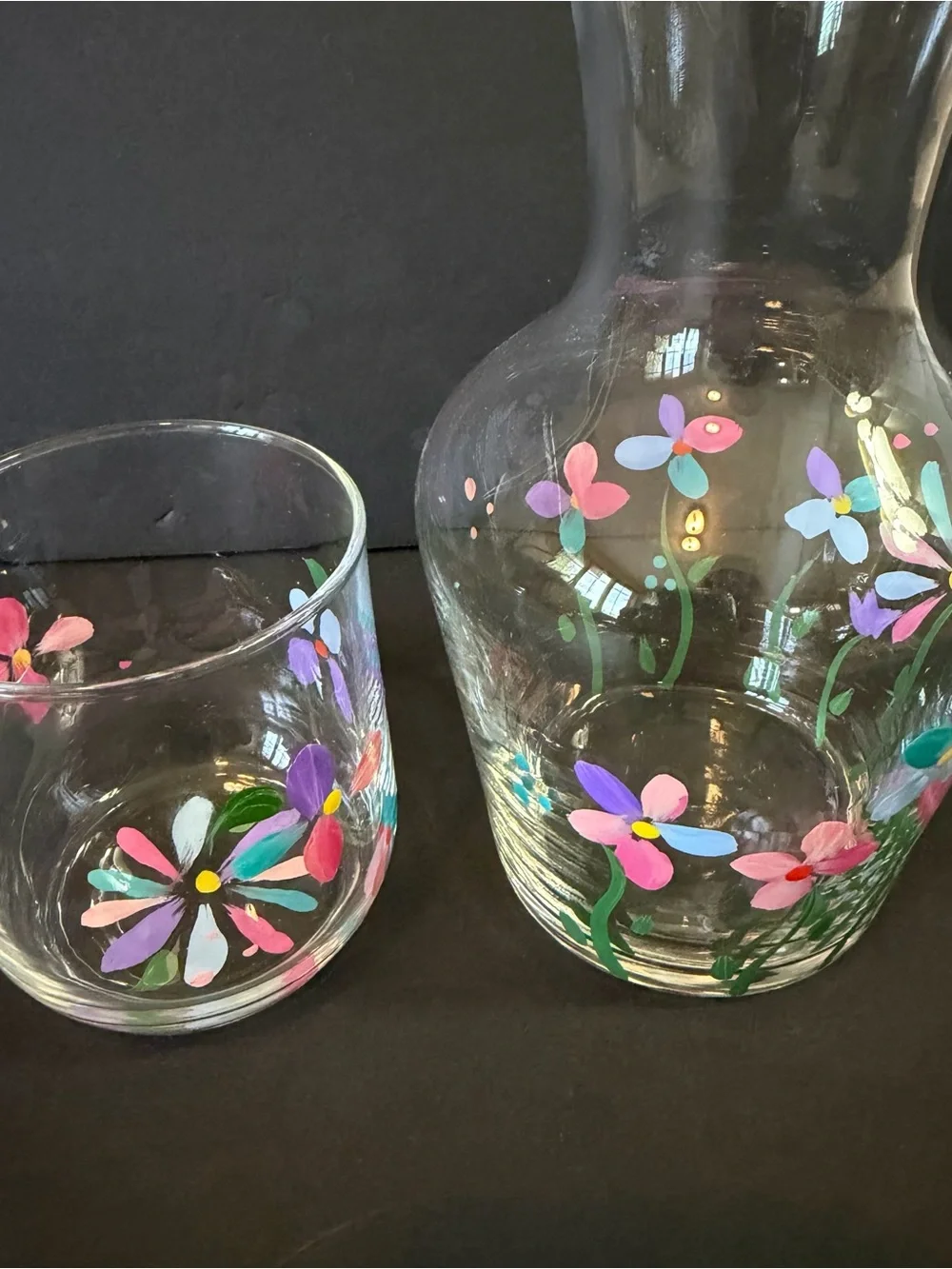 Vintage Tumble Up Bedside Carafe Drinking Glass Hand Blown? Hand Painted Floral